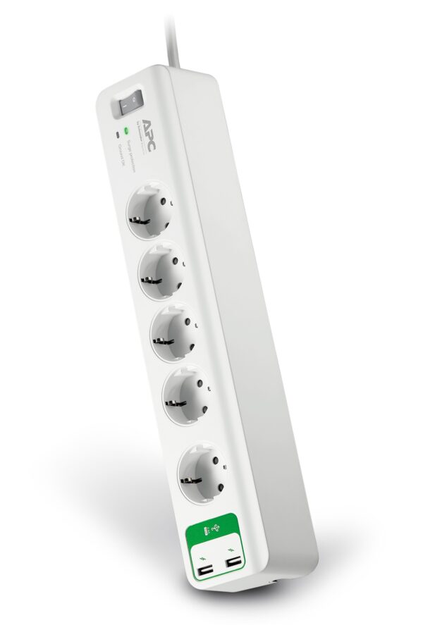 PRELUNGITOR APC, Schuko x 5, conectare prin Schuko (T), USB x 2, cablu 2 m, 10 A, protectie supratensiune, alb, „PM5U-GR” (timbru verde 0.18 lei)