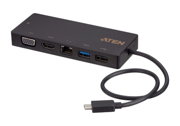 DOCKING Station ATEN universal, conectare PC USB Type C, USB 2.0 x 1, USB 3.1 x 1, porturi video VGA x 1, HDMI x 1, RJ-45, NB 60 W, negru, „UH3236-AT” (timbru verde 0.18 lei)