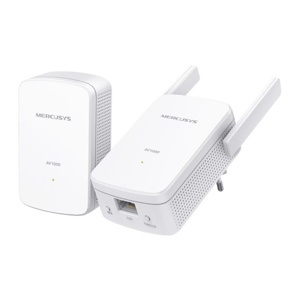 Kit Powerline Wi-Fi Gigabit MERCUSYS, Wi-Fi de 300 Mbps 2.4Ghz, tehnologie AV2, AV1000, pana la 1000 Mbps, RJ-45 x 1 porturi 10/100/1000 Mbps, 2 buc, „MP510 KIT” (timbru verde 2 lei)