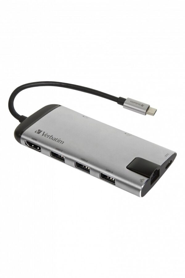 HUB extern VERBATIM, Gigabit LAN x 1, USB 3.0 x 3, HDMI x 1 (4K@30Hz), USB Type C x 1, SD x 1, microSD x 1, conectare USB Type C, cablu 15 cm, max. 3A, brushed metal „49142” (timbru verde 0.18 lei)
